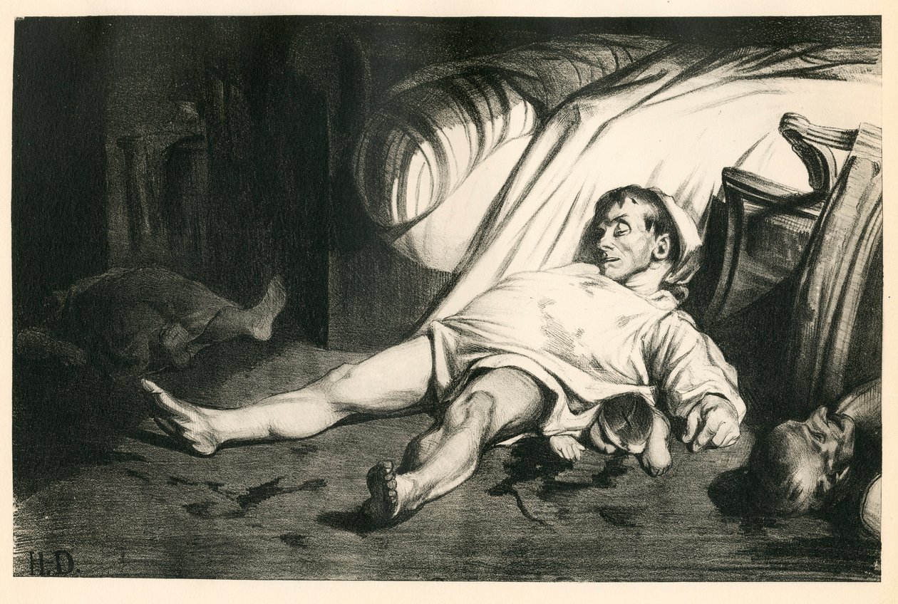 Cento e vinte litografias de H. Daumier, Satirique em N & B, cerca de 1834: Massacre de la rue Transnonain (Paris) - Republicain, Cadáveres mortos, Repressão - Ilustração de Honore Daumier (1808-1879) de Honoré Daumier
