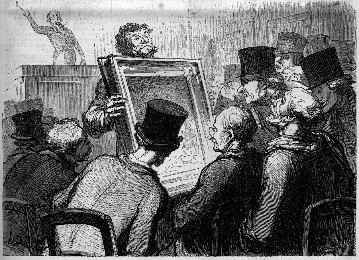 Amantes da pintura no Hotel Bouillon. Caricatura de Honore Daumier (1808-1879). Gravura em "Le Monde Illustré" n°250 de 25 de janeiro de Honore Daumier