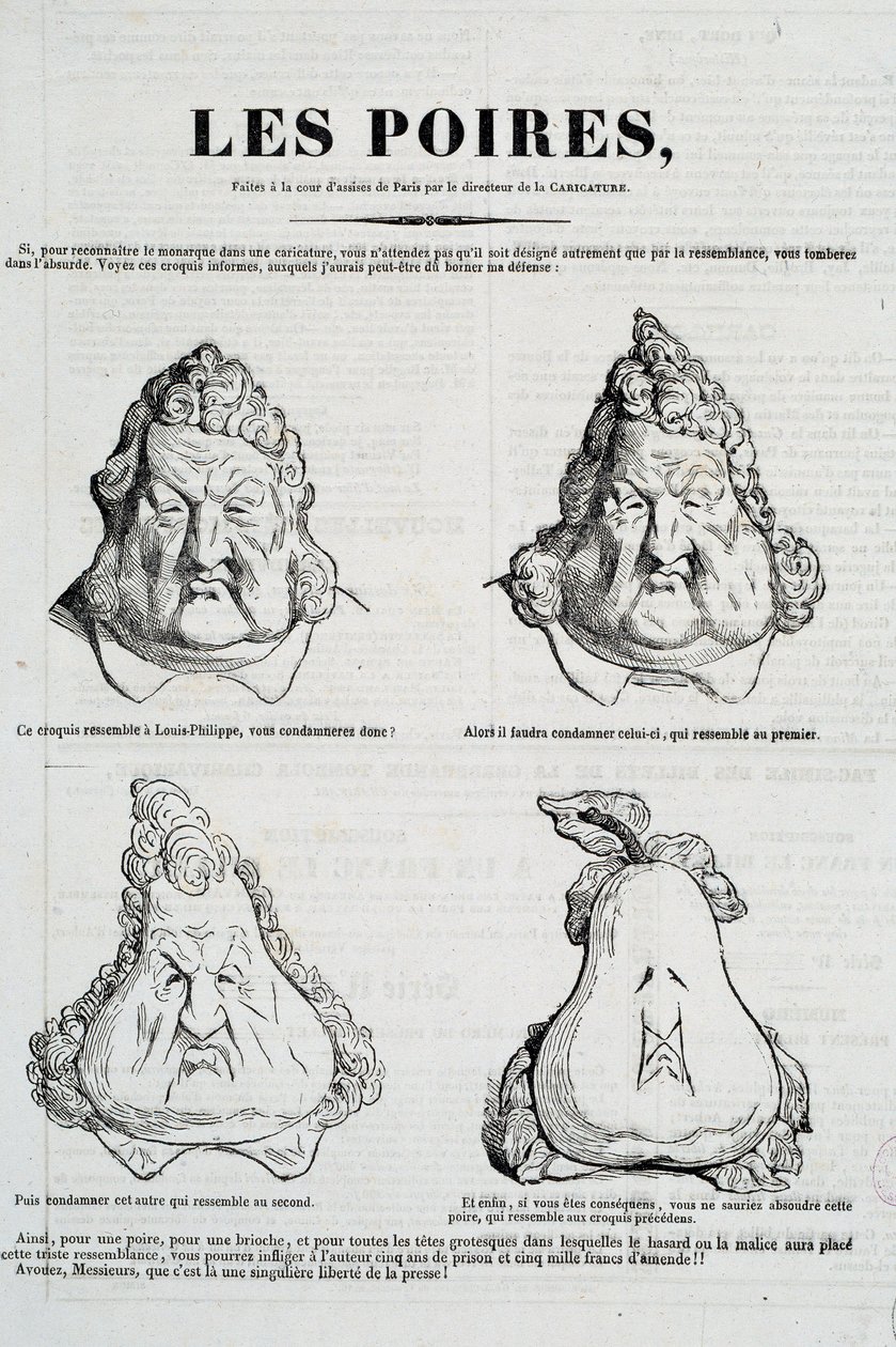 Peras: Caricatura representando uma metamorfose do rosto de Louis Philippe em pêra. Desenho de Honore Daumier (1808-1879) após o desenho original de Charles Philippon (1806-1862) "La Caricature", Janeiro 1832 Paris, Musee Carnavalet de Honoré Daumier