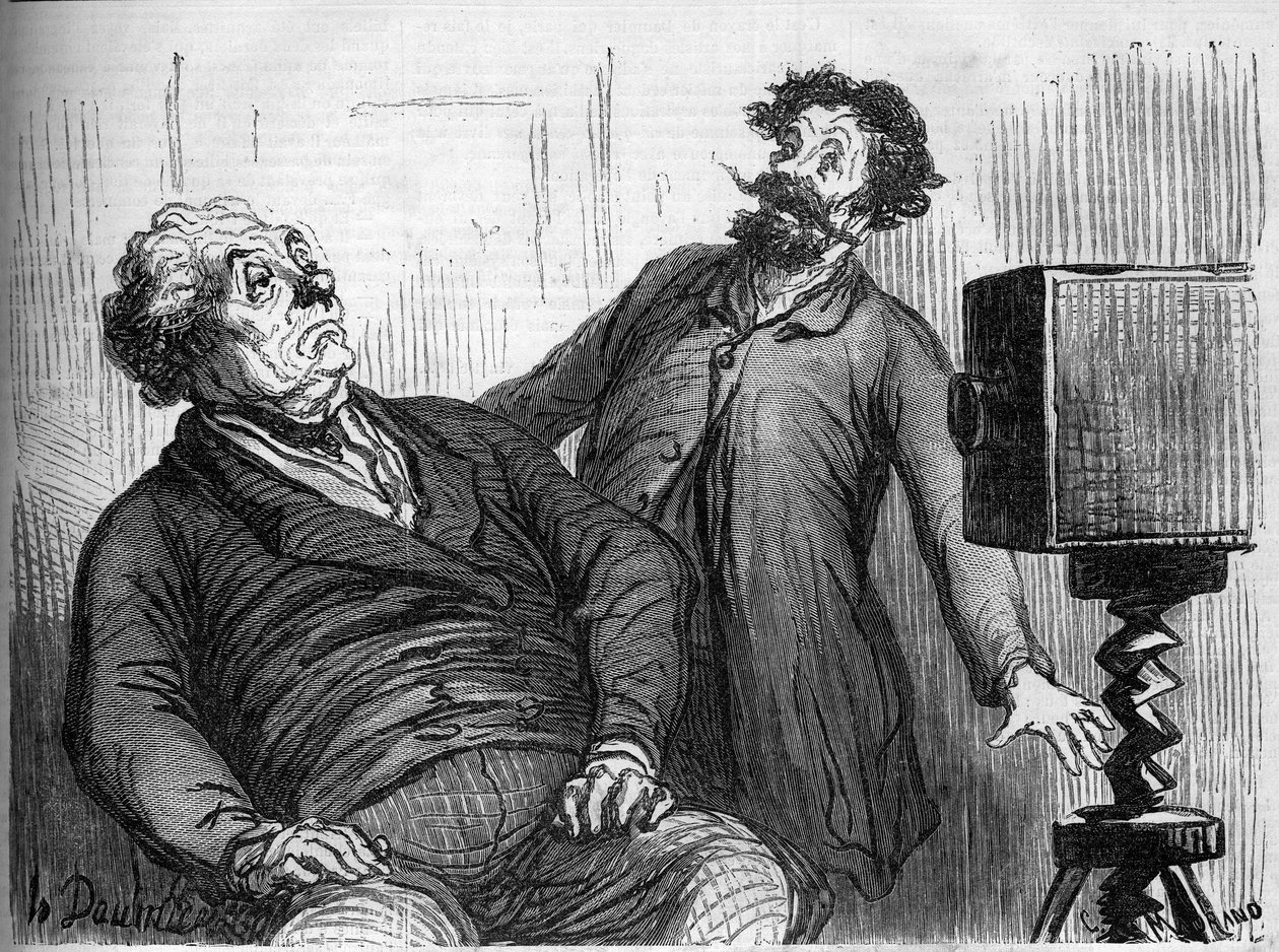 Fotógrafos e fotografias. Cartoon de Honore Daumier (1808-1879). Gravura em "Le Monde Illustré" n¡259 de 29 de Março de 1862. de Honoré Daumier