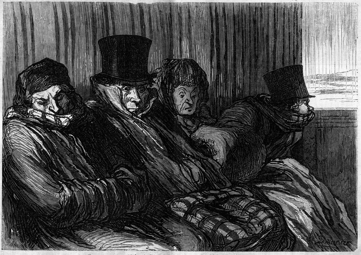 Comboio de prazer: 10 graus de aborrecimento e mau humor. Cartoon de Honore Daumier (1808-1879). Gravura em "Le Monde Illustré" n°249 de 18 de janeiro de Honoré Daumier
