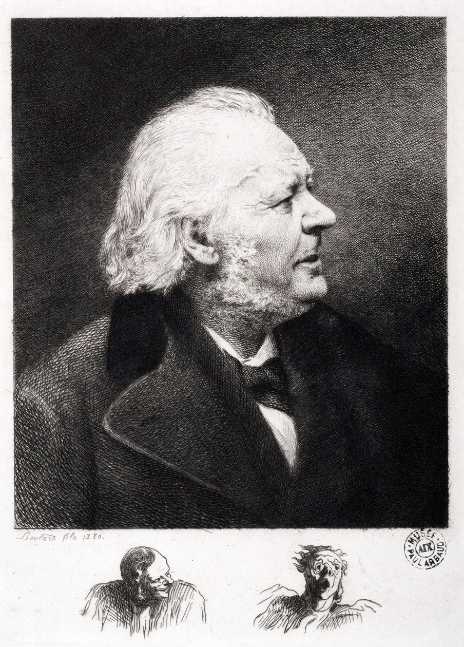 Retrato de Honore Daumier (1808-1879), gravador, pintor e escultor francês. Gravura do filho Boulard de Honoré Daumier