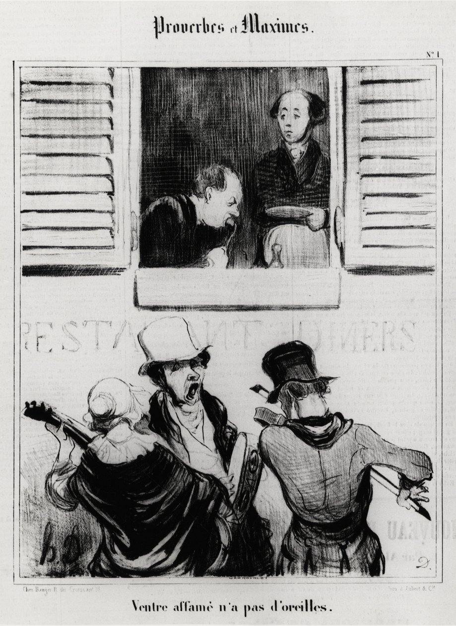 Provérbios e máximas: a barriga faminta não tem ouvidos. Ilustração de Honore Daumier (1808-1879). Caricatura do século XIX, Musee Carnavalet, Paris. de Honoré Daumier