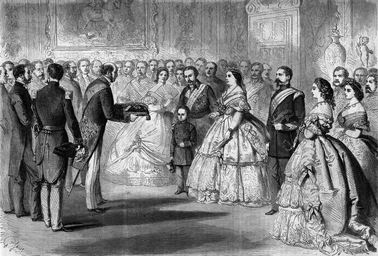 A Rainha Isabel II de Espanha (Isabel de Bourbon) (1830-1904) recebeu o grande cordão da Legião de Honra em nome do seu filho, o Príncipe das Astúrias. Estão presentes: Napoleão III (1808-1873) e Príncipe Imperial (1856-1879) de Honoré Daumier