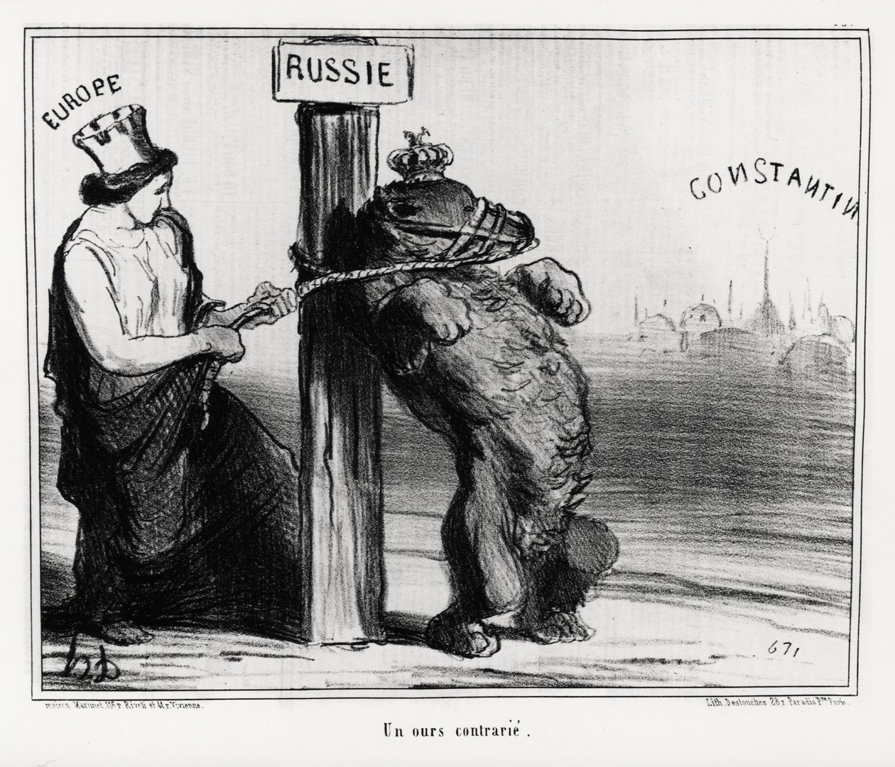 Rússia: um urso perturbado (pela Europa). Em março de 1854 França e Inglaterra formaram uma aliança com a Turquia contra a Rússia Ilustração de Honore Daumier (1808-1879), publicada no noticiário, "Charivari". de Honoré Daumier