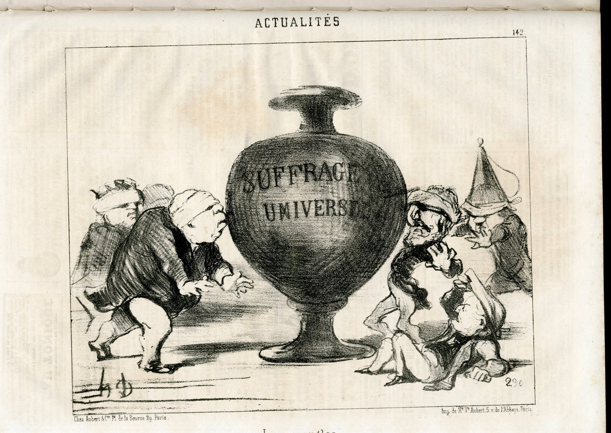 Satirical in N & B: News - President of the Republic, Universal Suffrage - Thiers Adolphe, Montalembert Charles de (1810-1870), Louis Matthieu Mole (1781-1855), Dupin Andre-Marie, dit Dupin aine (1783-1865) - Ilustração de Honore Daumier (1808-1879) de Honoré Daumier