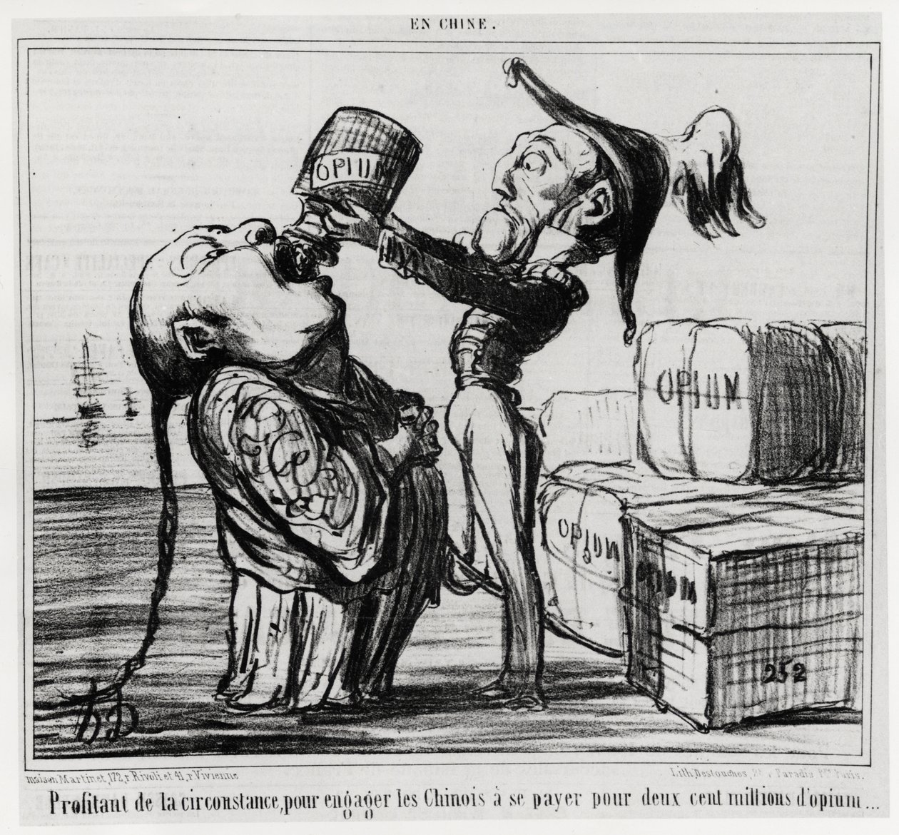 Segunda Guerra do Ópio (1856-1860): Em 1858, o governo chinês concordou em legalizar o comércio de ópio. "Aproveitando a circunstância para envolver os chineses no pagamento de duzentos milhões de ópio", na série En Chine, ilustração de Honore Daumier (1 de Honoré Daumier