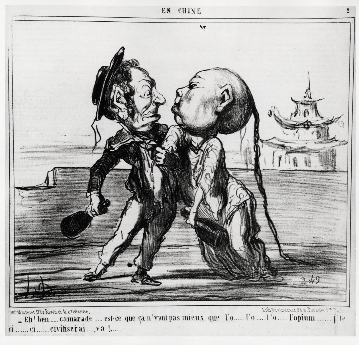 Segunda Guerra do Ópio (1856-1860), em 1858, o governo chinês concordou em legalizar o comércio do ópio, sob pressão franco-britânica: "Eh! Bem, camarada... Não é melhor que o o... l