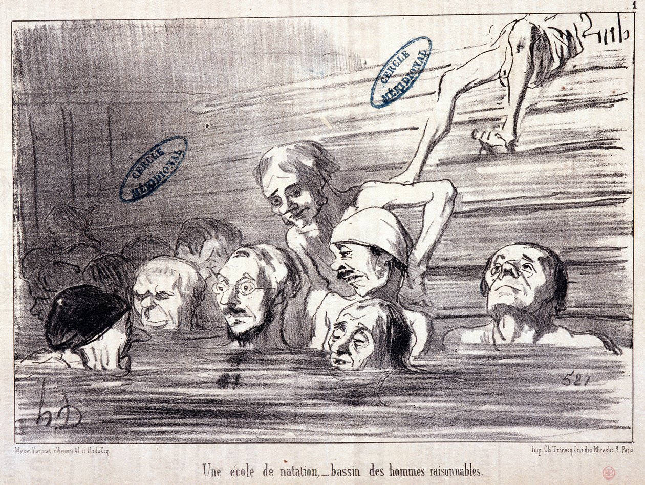 Série "Les Bains de Mer": "Esboço Aquático". Uma escola de natação, uma piscina de homens razoáveis." Gravação por Honore DAUMIER (1808-1879). Extracto do jornal "Le Charivari". de Honoré Daumier