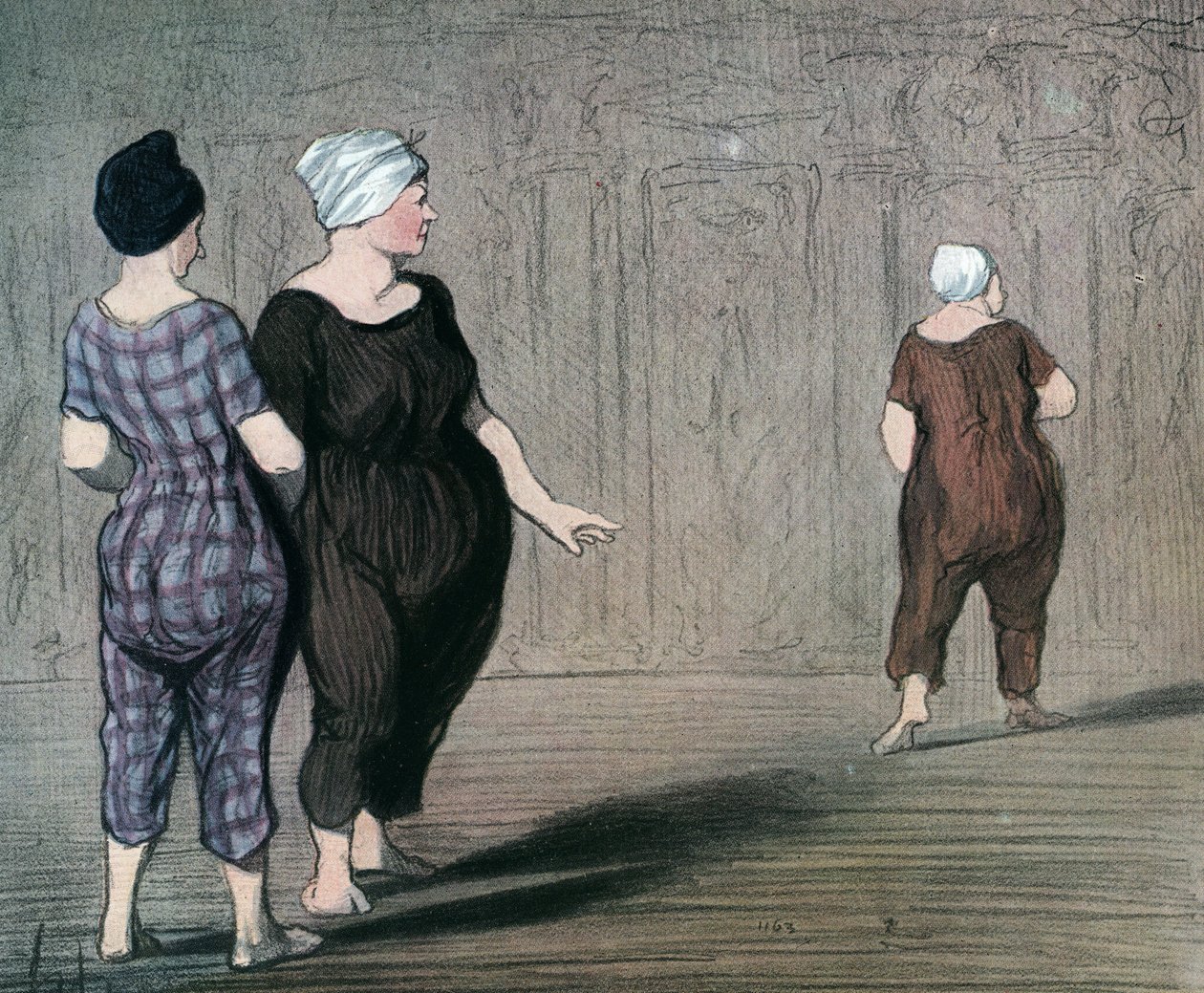 Série “” Les batheuses”” duas mulheres em maiô examinam o corte de outra, caricatura de Honore Daumier (1808-1879) 1844 (Os banhistas: duas senhoras de maiô, olham para cima e para baixo na cintura de outra) Privado coleção de Honoré Daumier