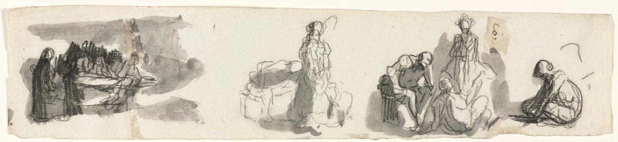 Folha de estudos com um grupo de quatro figuras à direita (reto) de Honoré Daumier
