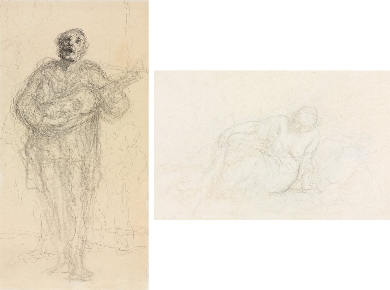Guitarrista Cantor (reto); Mulher reclinada apoiada em seu braço (verso) de Honoré Daumier