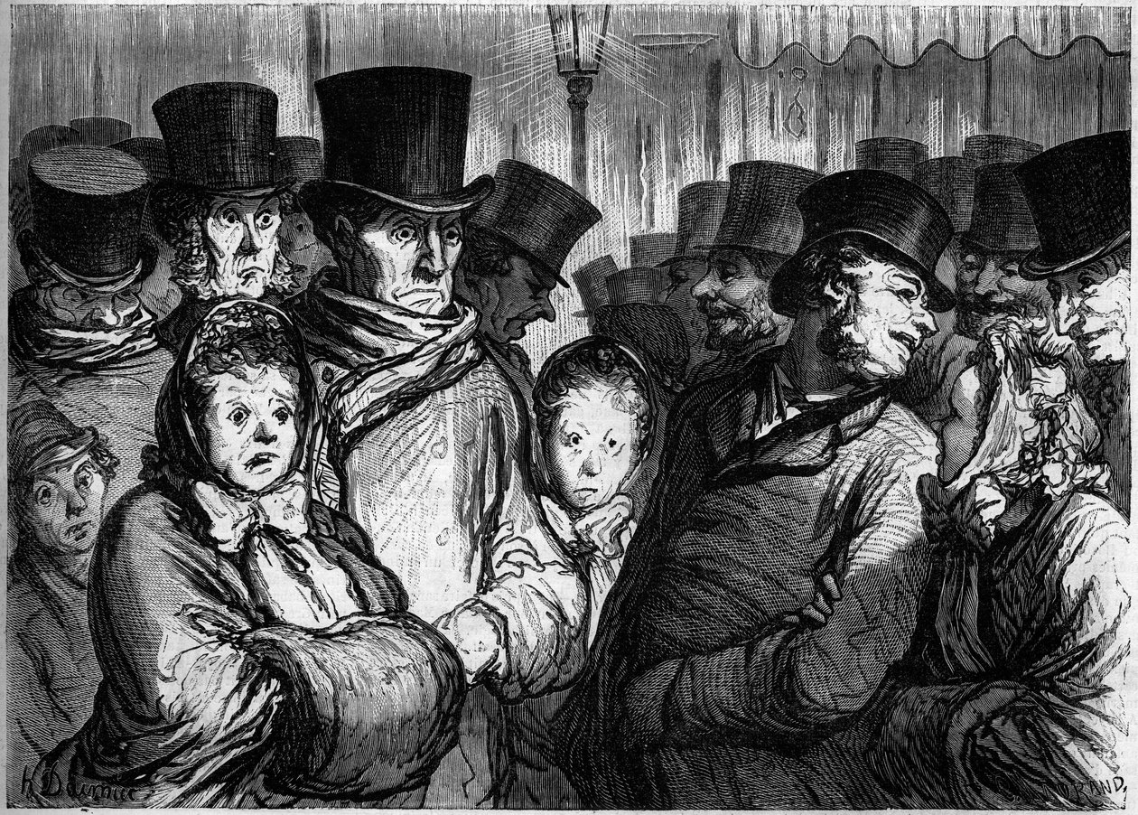 Temple Boulevard à meia-noite. À esquerda, pessoas a saírem do drama. Direita, pessoas a sair do funambulismo. Cartoon de Honore Daumier (1808-1879). Gravura em "Le Monde Illustré" n°254 de 22 de fevereiro. de Honoré Daumier