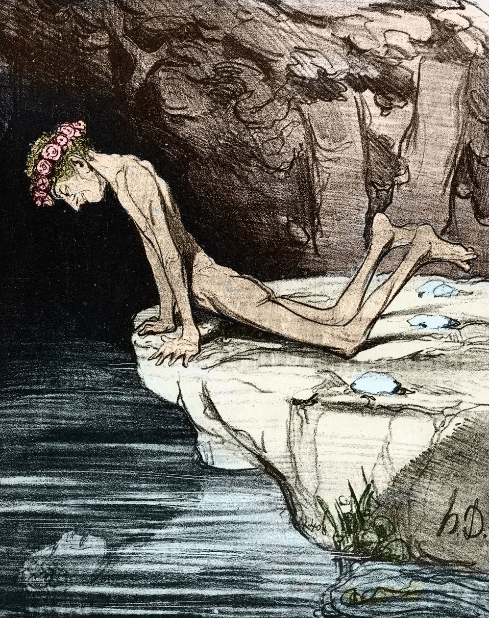 O Belo Narciso. Por Honore Daumier de Salvandy (1795-1856), escritor, político e historiador, além de membro da Académie Française do século XIX (litografia) de Honoré Daumier