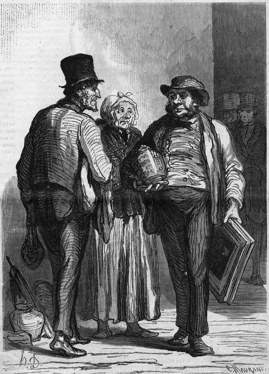 O Hotel des Commissaires Ariseurs: os mercadores. Cartoon de Honore Daumier (1808-1879). Gravura em "Le Monde Illustré" n°326 de 11 de janeiro de Honoré Daumier