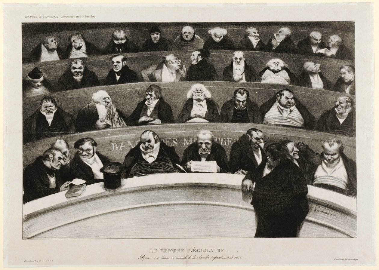 A barriga legislativa: visão das bancadas ministeriais na câmara improvisada de 1834 (litografia) de Honoré Daumier
