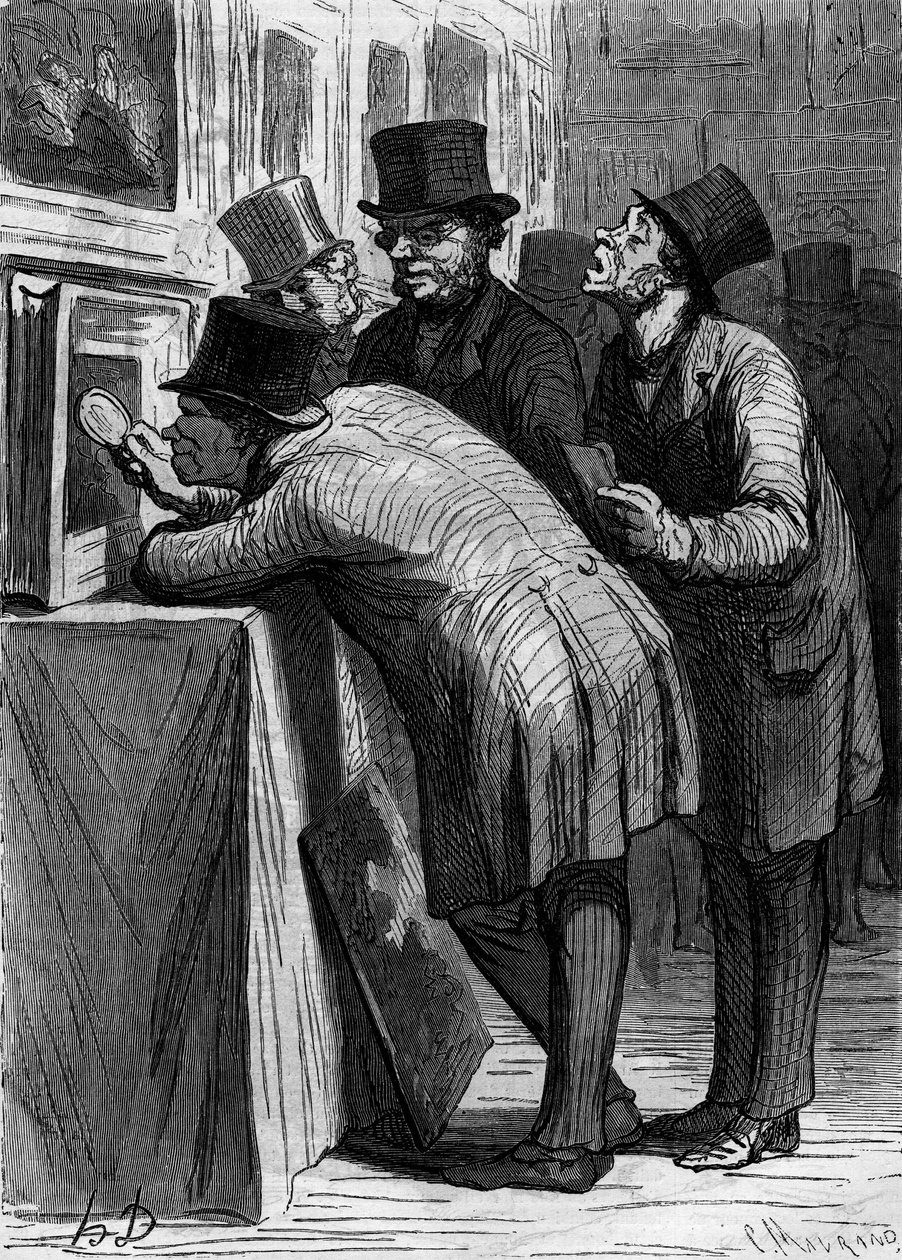 A casa de leilões: o amante da arte. Caricatura de Honore Daumier (1808-1879). Gravura em "Le Monde Illustré" n°314 de 18 de Abril de 1863. de Honoré Daumier