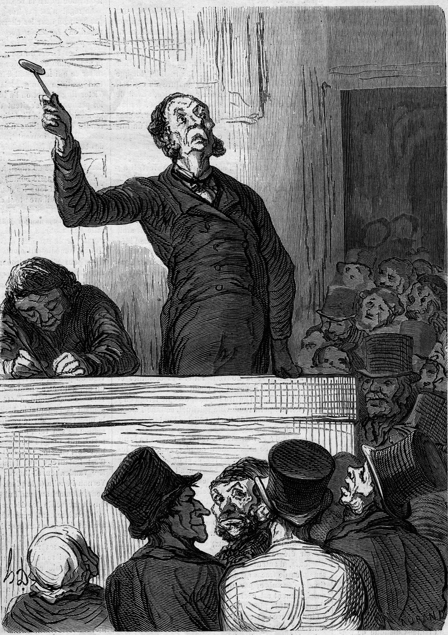 A casa de leilões: o leiloeiro (auctioneer). Desenho animado por Honore Daumier (1808-1879). Gravura em "Le Monde Illustré" n°300 de 10 de janeiro de Honoré Daumier