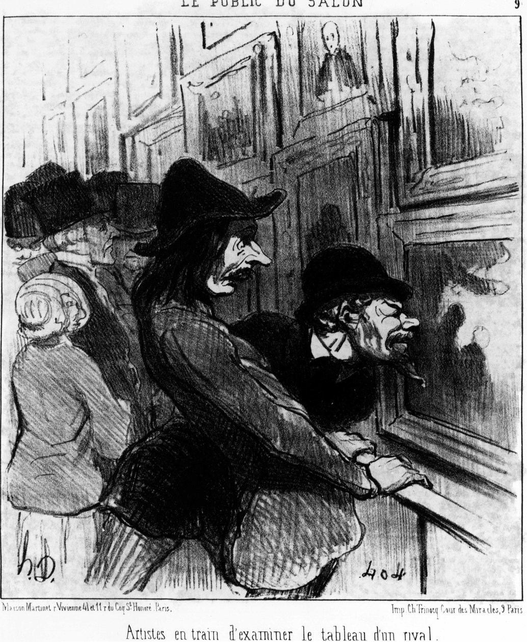 O público do espectáculo. Artistas examinando a pintura de um rival, tirada de "Pinturas e Salões", série de desenhos animados de Honore Daumier (1808-1879). "Charivari". de Honoré Daumier