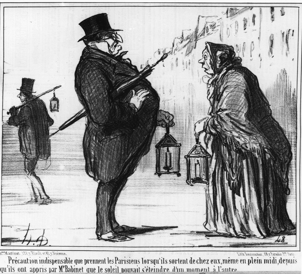 Este é um must-thave que os parisienses levam quando deixam suas casas, mesmo no meio do meio-dia, já que aprenderam por Monsieur Babinet que o sol pode desvanecer-se de um momento para o outro. Cartoon on the Comete e astronomia de Honore Daumier (1808-18 de Honoré Daumier