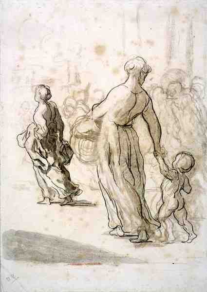 Duas Mulheres e uma Criança, c.1848-50 (giz, carvão e guache em papel antigo) de Honoré Daumier