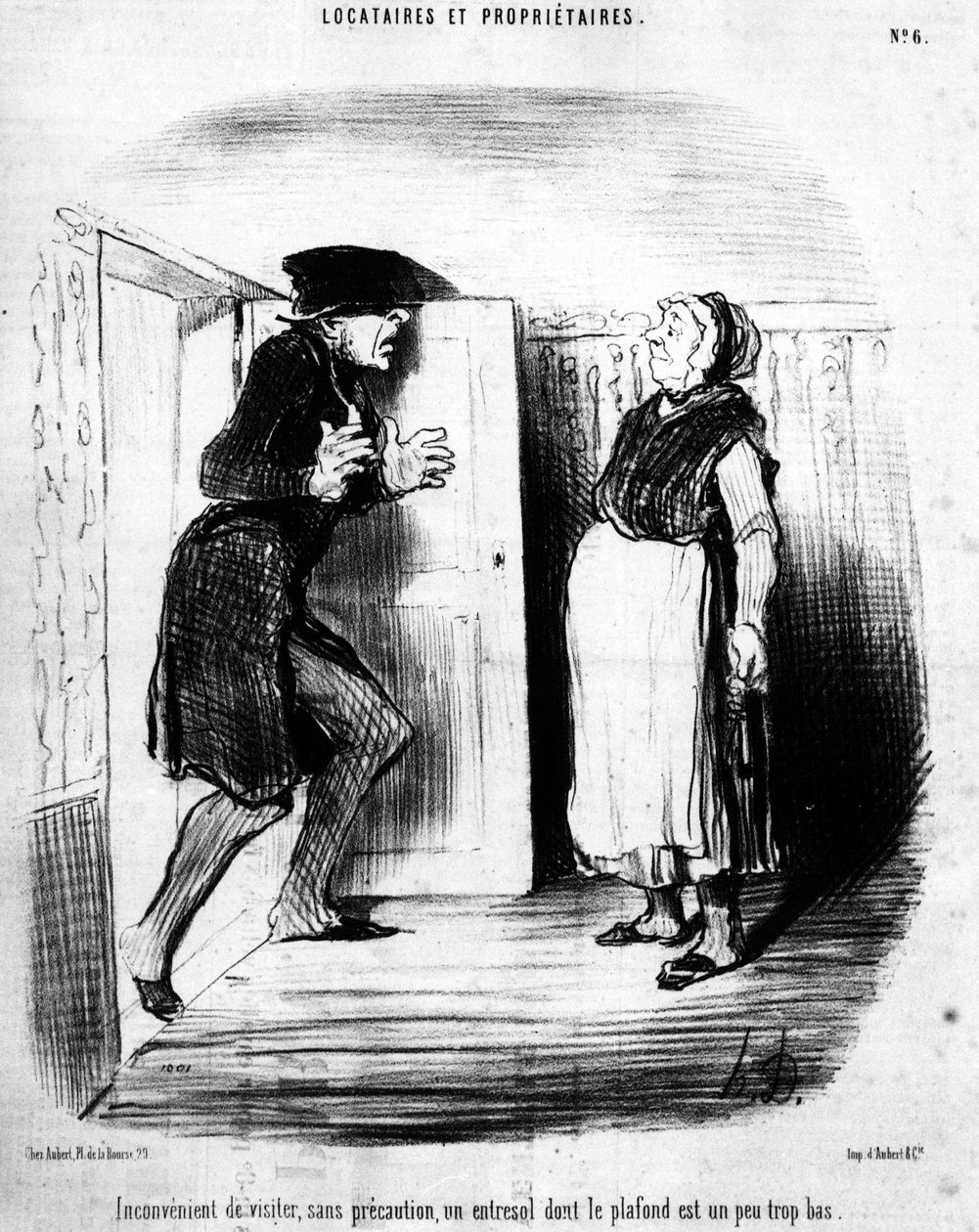 Inconveniente para visitar, sem cautela, um entresol cujo teto é um pouco baixo demais, retirado de "Tenants et Owners", série de desenhos animados de Honore Daumier (1808-1879). "Charivari". de Honoré Daumier