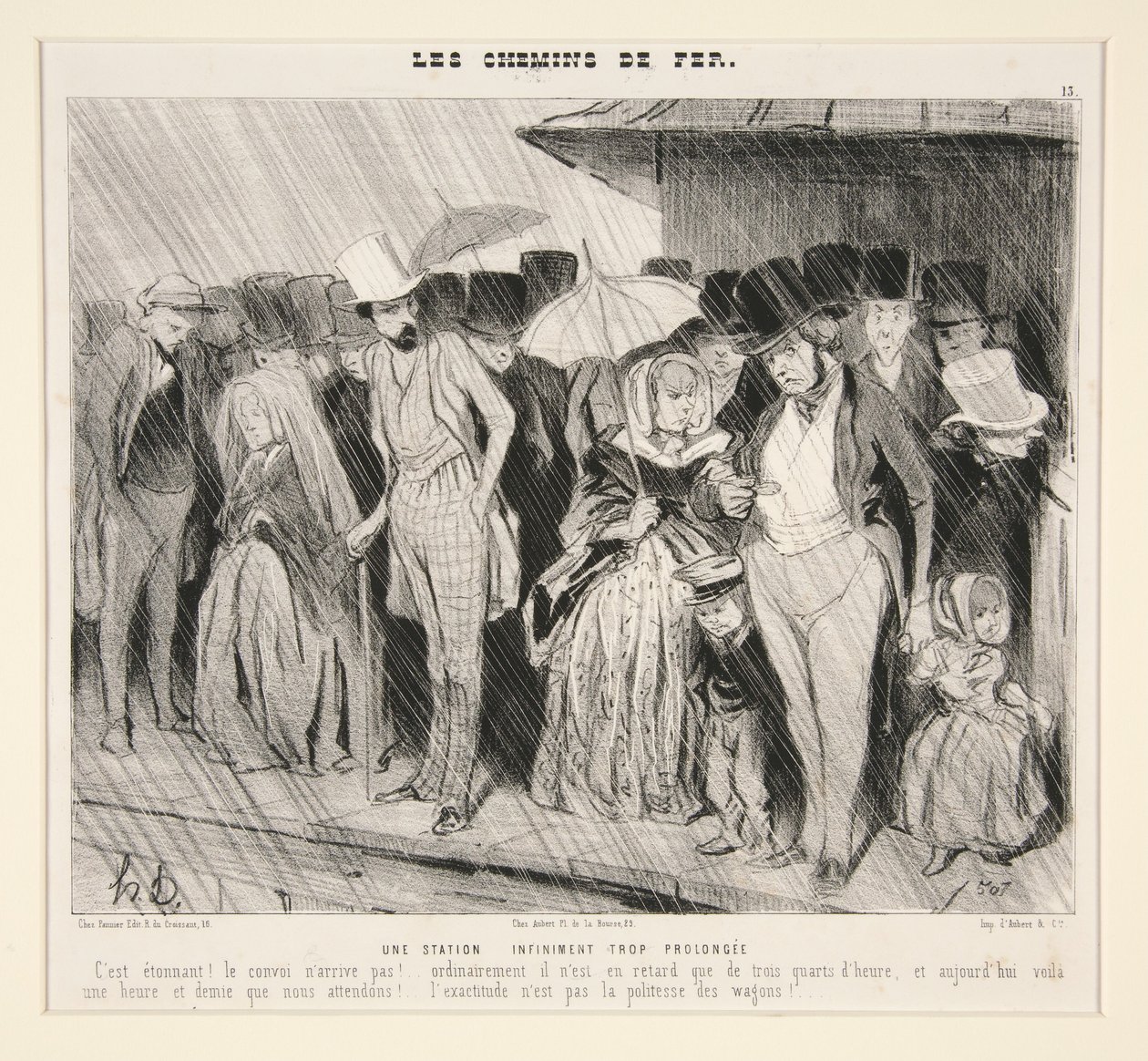 Uma paragem infinitamente demasiado prolongada: É espantoso! O comboio não chega!... habitualmente só tem três quartos de hora de atraso,... de Les Chemins de Fer, em Le Charivari, 13 de novembro de 1843 de Honoré Daumier