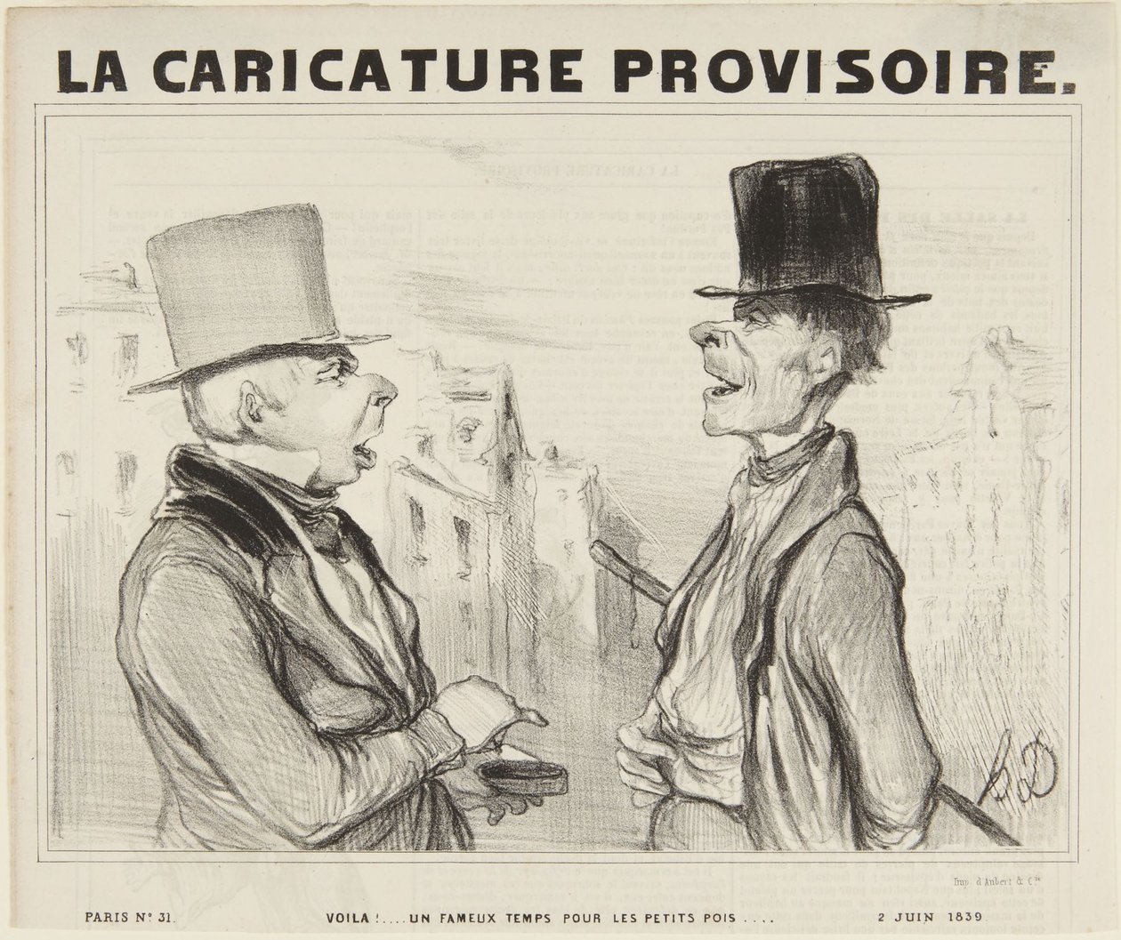 Ora aí está! Um tempo magnífico para as ervilhas pequenas..., número 3 da série Tipos parisienses de La Caricature Provisoire de Honoré Daumier