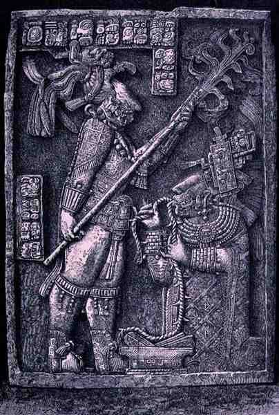 Lintel de pedra esculpida de Temple 23, Yaxchilan, 726 AD, mostrando o governante Shield Jaguar e sua esposa, Lady Xoc, conduzindo um ritual de derramamento de sangue, de The Ancient Cities of the New World, de Claude-Jos de Honore after Chapuis