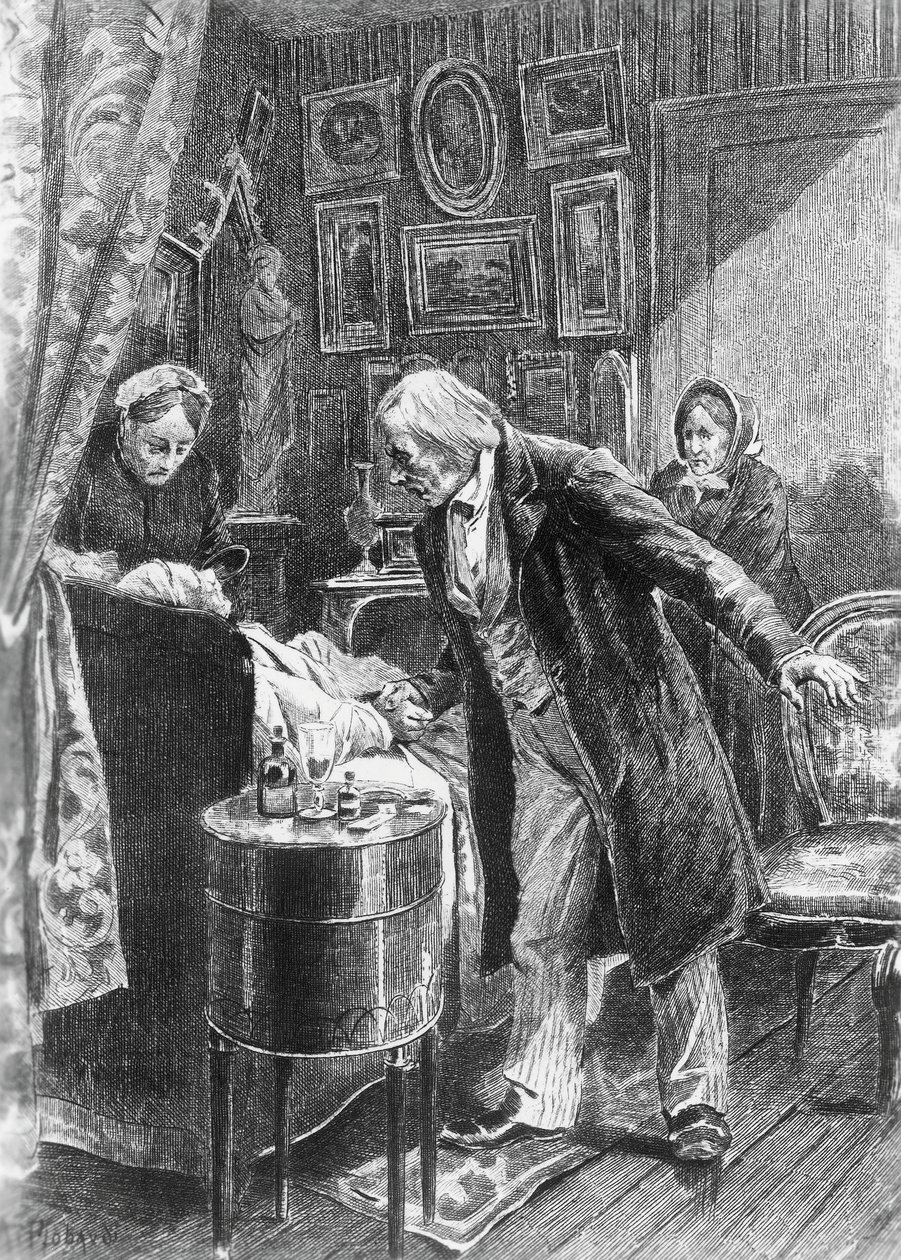 Ilustração de Alcide Theophile Robaudi (activo 1874-1884) para Cousin Pons, romance de Honore de Balzac (1799-1850) da colecção multi-volumes intitulada Human Comedy, publicada em 1900, Paris de Honore de Balzac