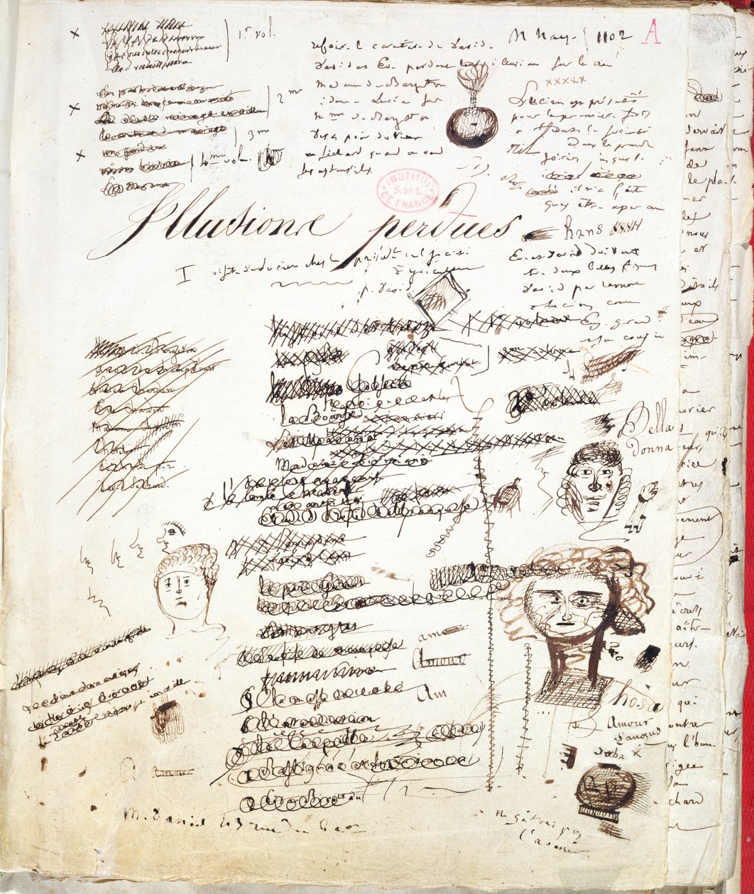 Página de título de "Les Illusions Perdues", c. 1830-40 (caneta e tinta sobre papel) de Honore de Balzac