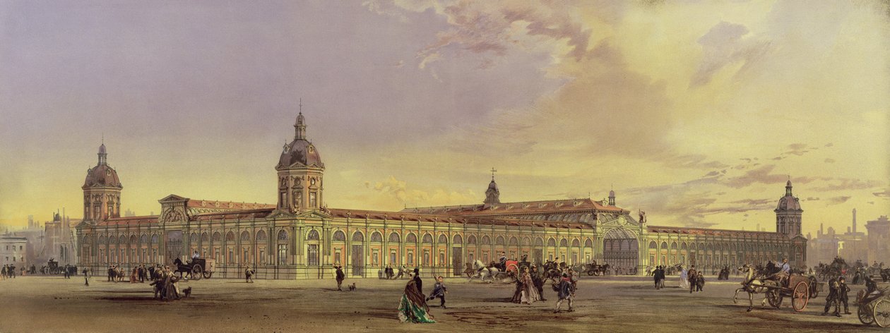 O Mercado Metropolitano de Carnes e Aves, Smithfield, Londres, 1868, após uma pintura do arquiteto (cromolito) de Horace Jones