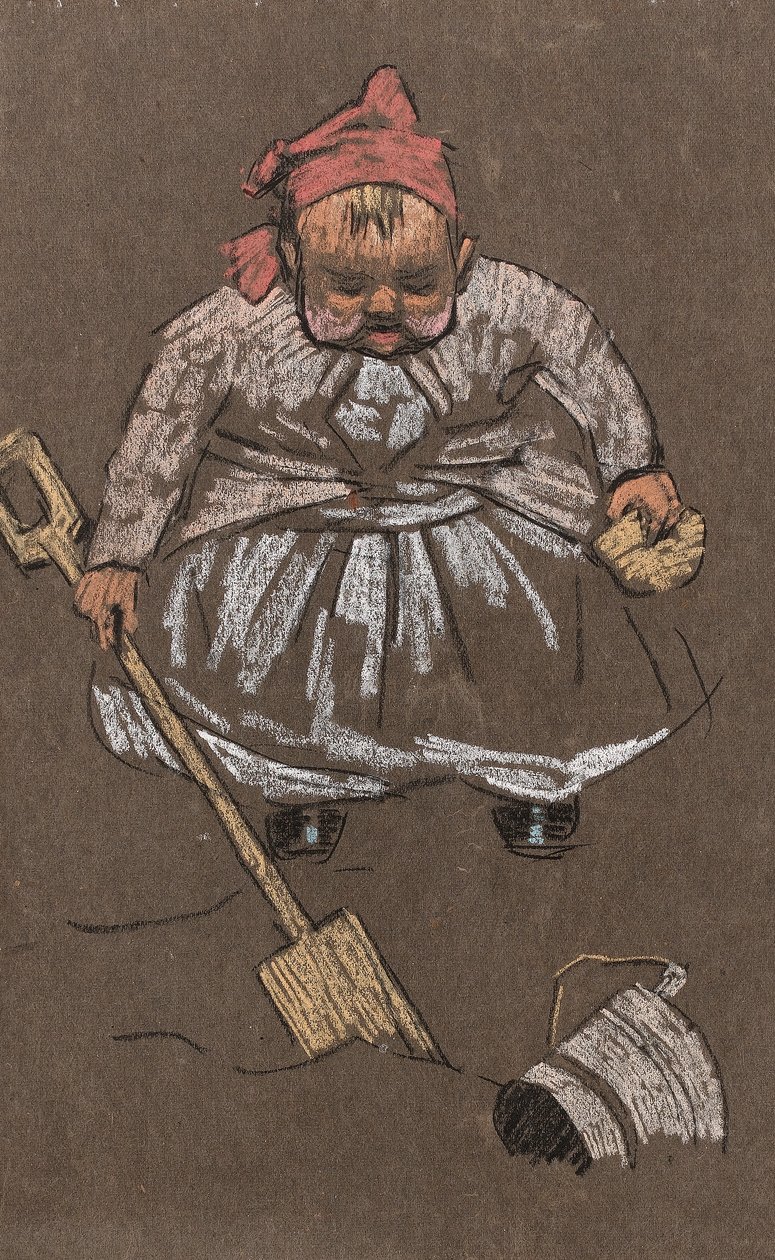 Evangeline, a filha dos artistas, na praia, c.1900 (giz colorido sobre papel) de Horace Mann Livens