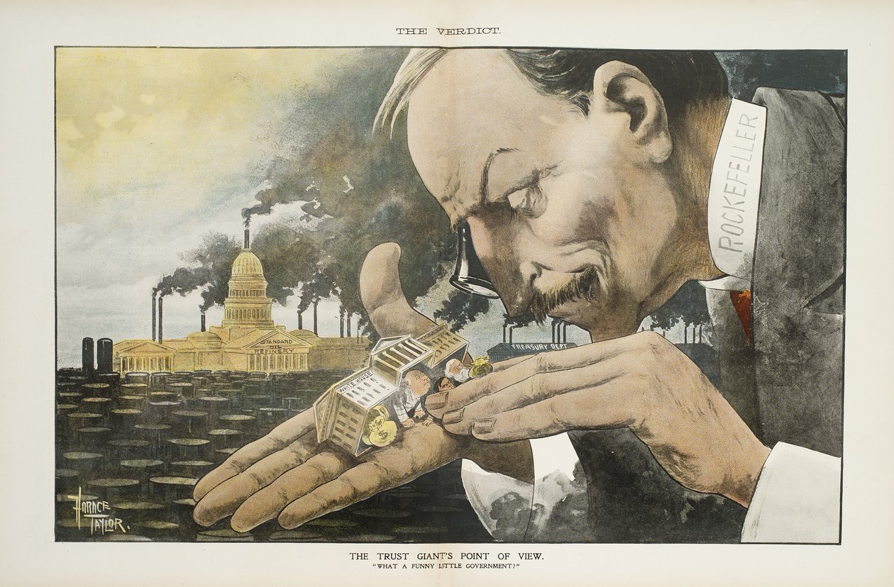 O ponto de vista do gigante da confiança: Que governo engraçado pequeno, ilustração de "o veredicto", 22 de janeiro de 1900 de Horace Taylor