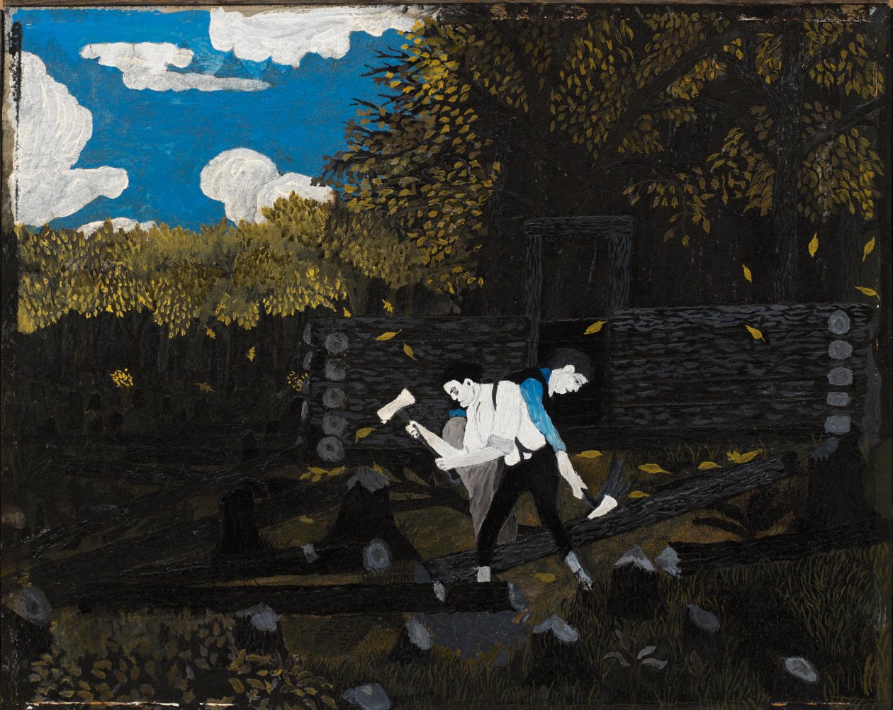 Abraham Lincoln e seu pai construindo sua cabana em Pigeon Creek de Horace Pippin