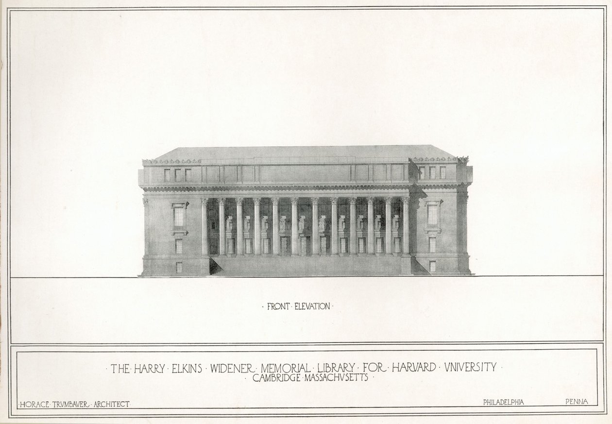 Elevação frontal, a Harry Elkins Widener Memorial Library para a Universidade de Harvard, Cambridge, Massachusetts (litho) de Horace Trumbauer