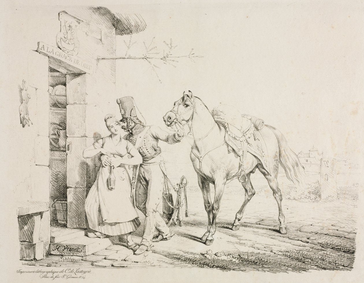 Um hussardo abraçando um servo de Emile Jean Horace Vernet