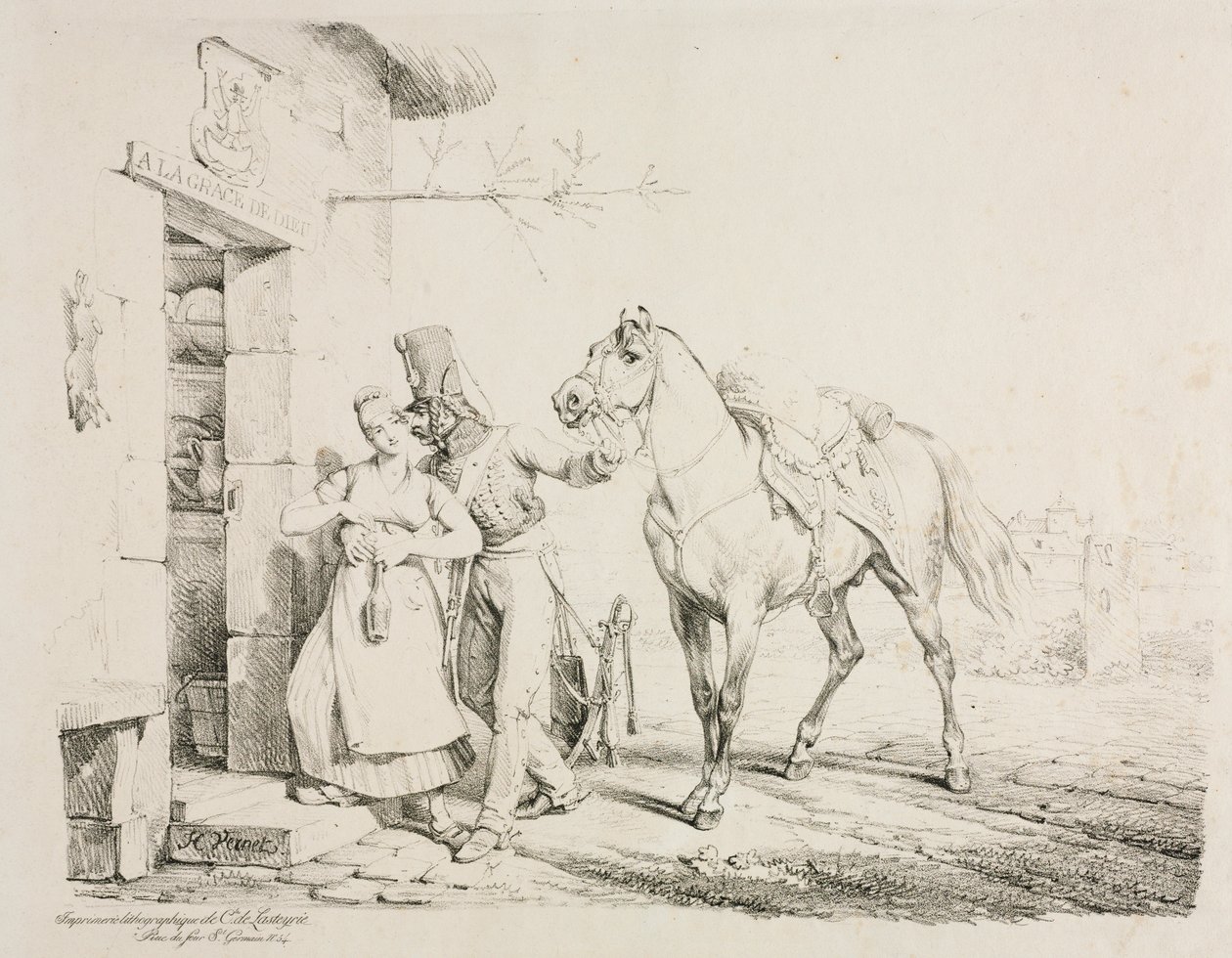 Um hussardo abraçando um servo. de Emile Jean Horace Vernet