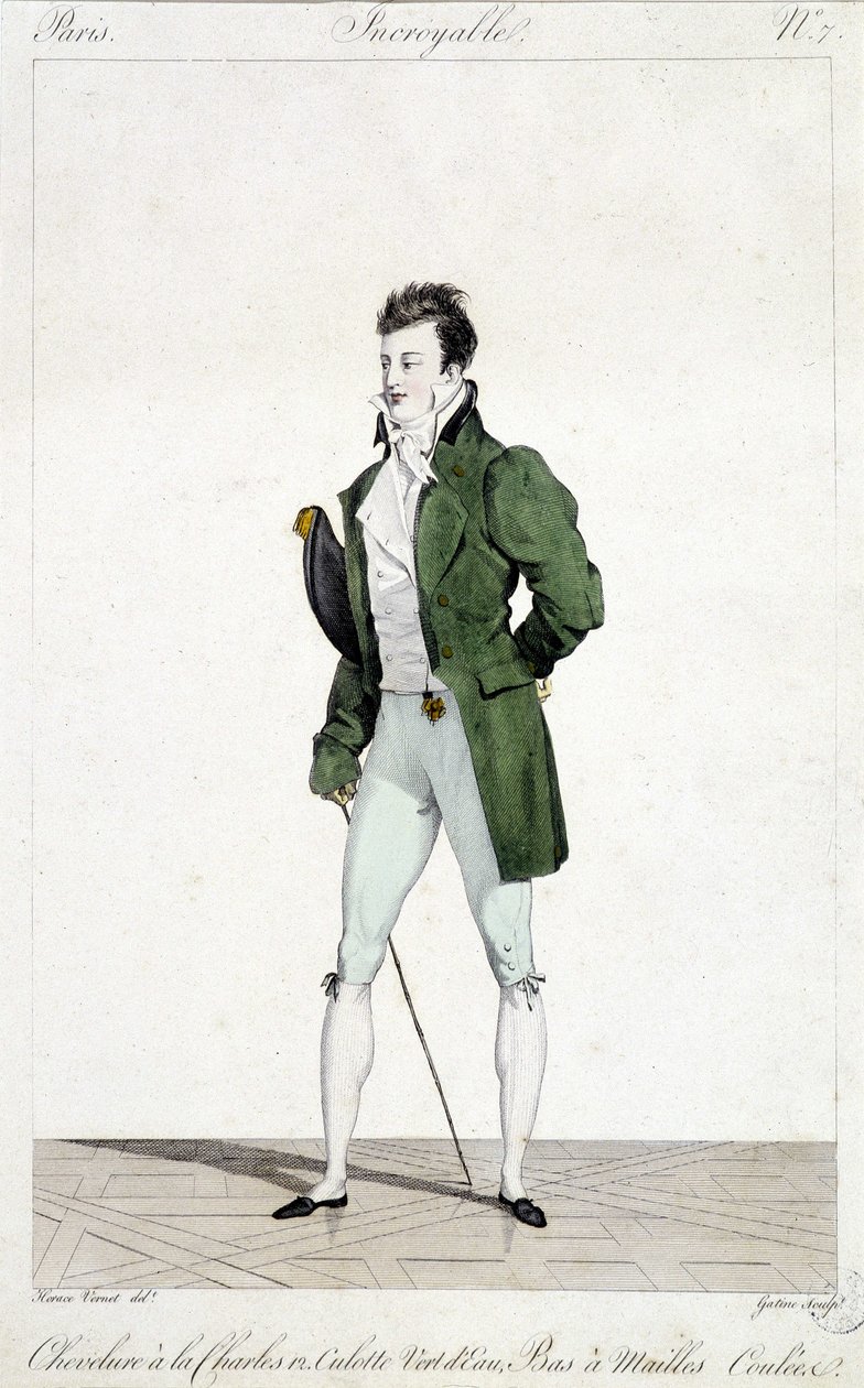 Paris espantosa. O homem tem o cabelo de Carlos XII, usando calcinha verde água e meias de malha escorrida. Ilustração da moda masculina feita por volta de 1810 por Horace Vernet (1789 - 1863). de Emile Jean Horace Vernet