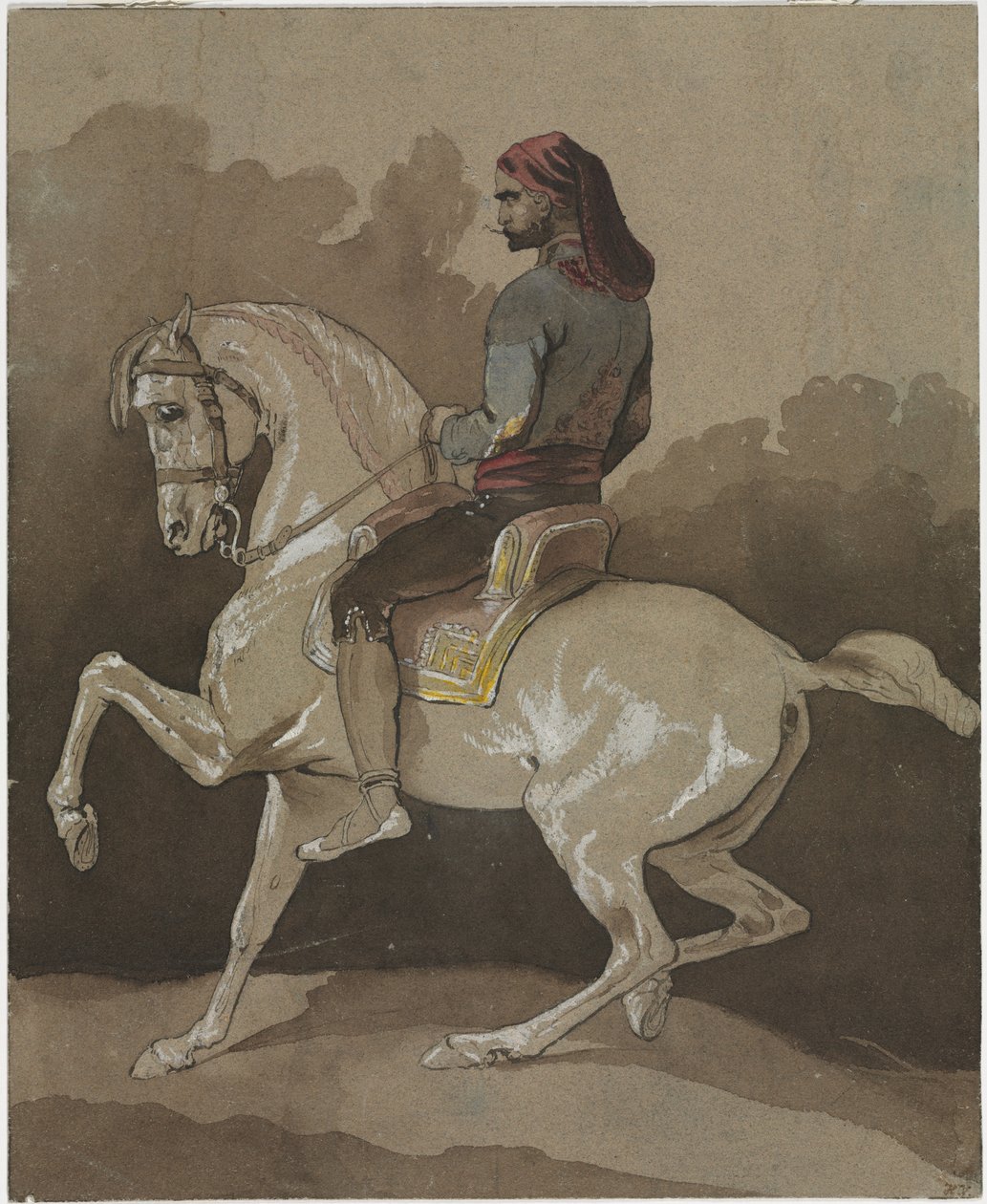 Árabe a cavalo, c.1800 (caneta, tinta, aguarela e guache) de Horace Vernet