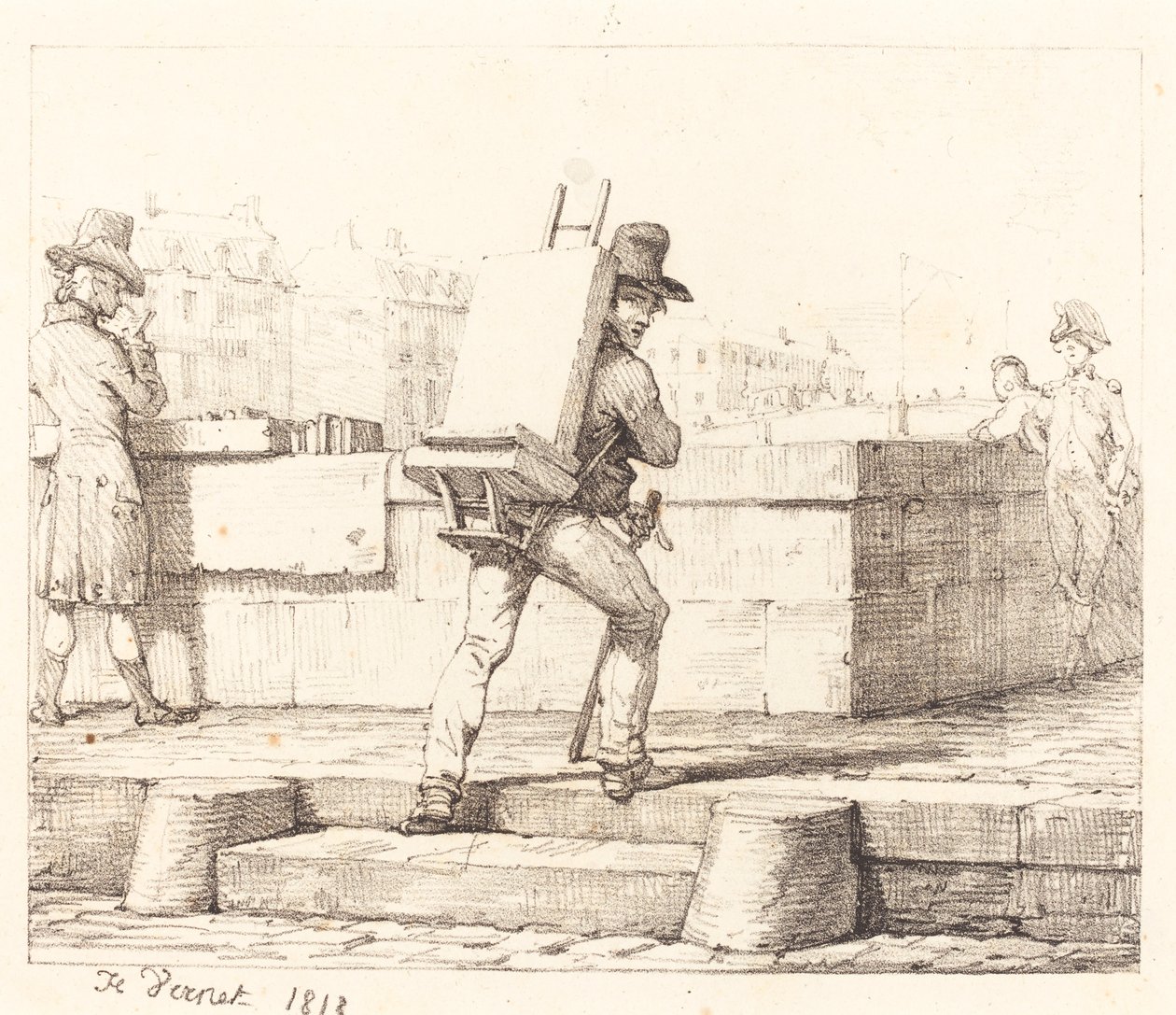 Artista carregando cavalete com uma pedra litográfica de Emile Jean Horace Vernet