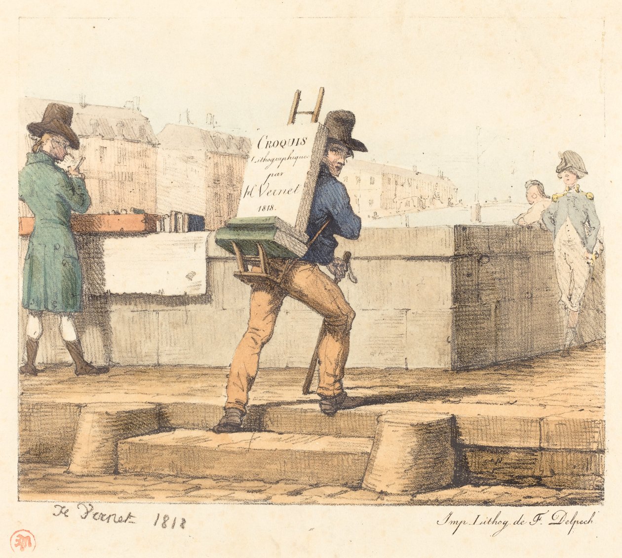 Artista carregando cavalete com uma pedra litográfica de Emile Jean Horace Vernet