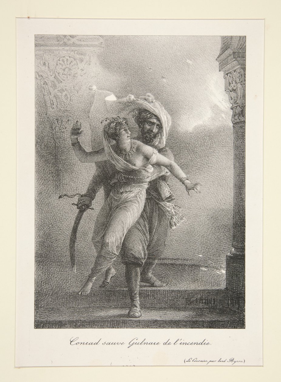 Conrad salva Gulnare do incêndio (O Corsário de Byron) de Horace Vernet