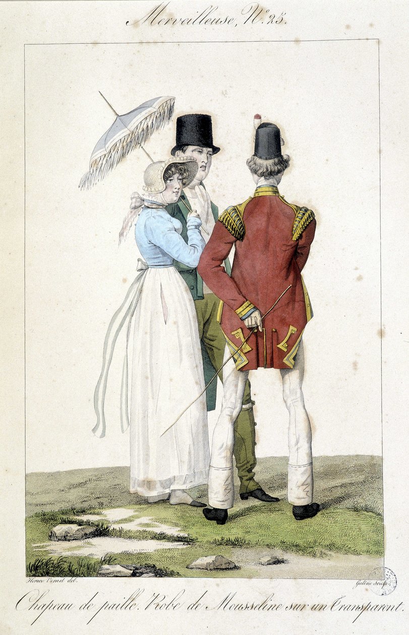 Gravura de moda de Horace vernet (1789 - 1863) feita por volta de 1810 para o número 25 de um "Maravilhoso", representando a moda feminina (chapéu de palha e vestido de chiffon) e masculina. de Emile Jean Horace Vernet