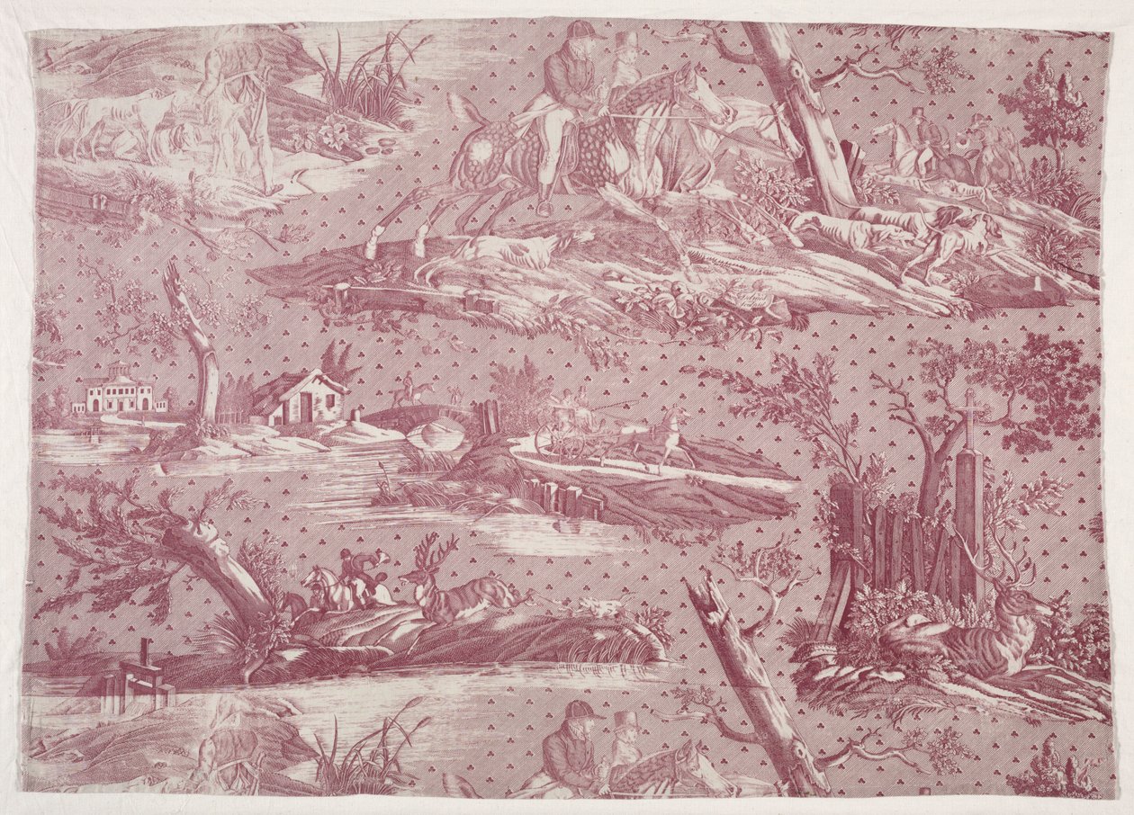 Fragmento de algodão estampado a talhe-doce com motivos de cenas de caça de Horace Vernet