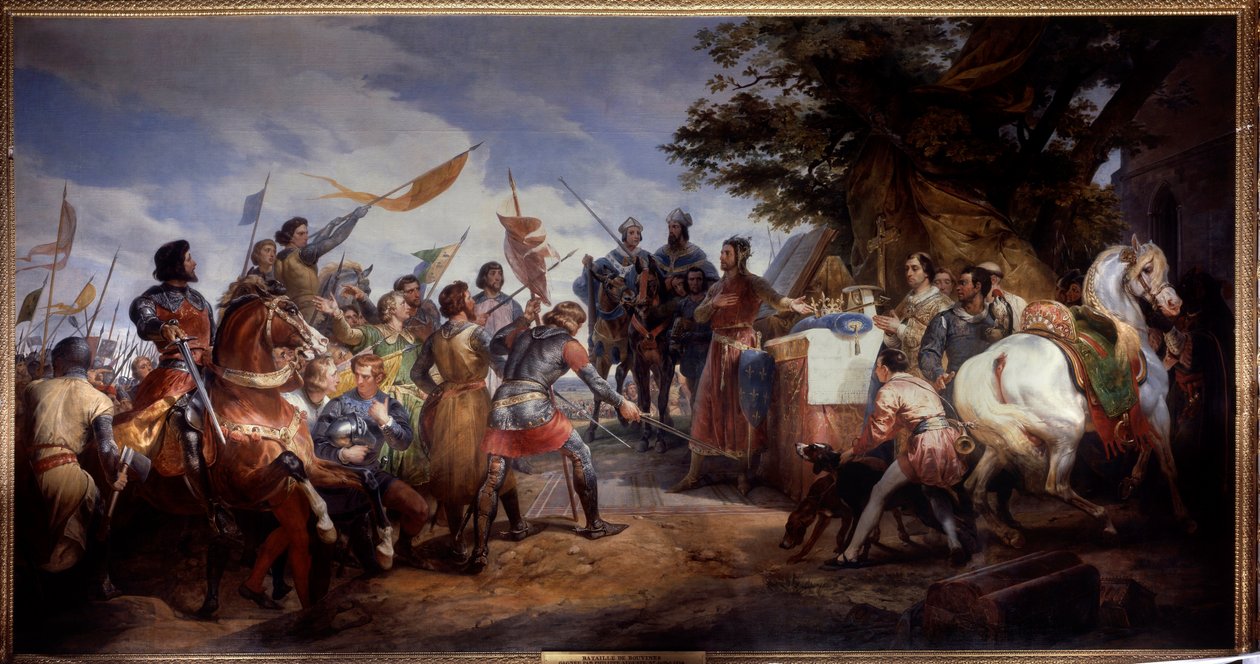 Guerra Franco-Inglesa (1202-1214): "a Batalha de Bouvines a 27/07/1214, Philippe Auguste põe em jogo a coroa da França" Ela se opôs ao exército francês de Philippe Auguste contra os Flamengos e os Welfs de Othon IV. A vitória da França foi decisiva na o de Emile Jean Horace Vernet