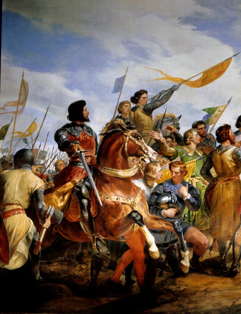 Guerra Franco-Inglesa (1202-1214): "a Batalha de Bouvines a 27/07/1214, Philippe Auguste põe em jogo a coroa da França" Ela se opôs ao exército francês de Philippe Auguste contra os Flamengos e os Welfs de Othon IV. A vitória da França foi decisiva na o de Emile Jean Horace Vernet