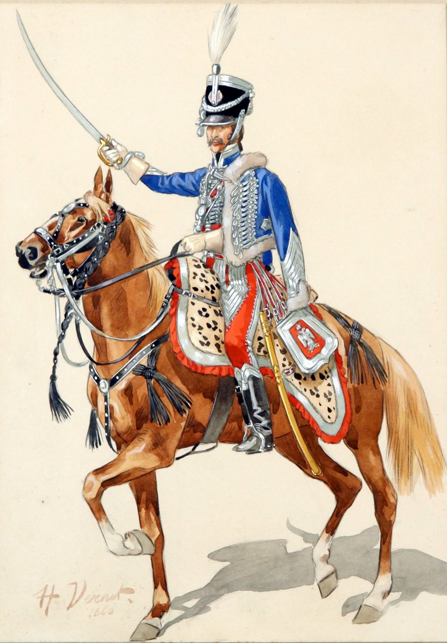Hussard russe levant filho sabre - Hussar russo Levantando seu Sabre par Vernet, Horace (1789-1863), - Aquarela e tinta sobre papel, 30x21 - Coleção Privada de Emile Jean Horace Vernet