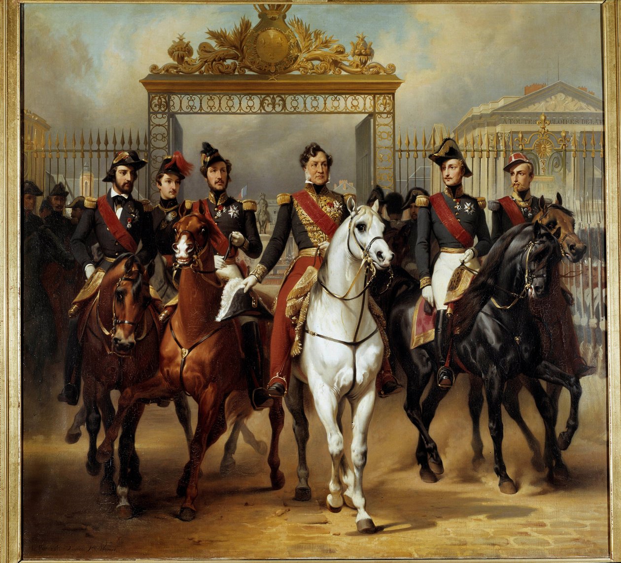 O rei Louis-Philippe I (Louis Philippe) rodeia os seus cinco filhos que saem pela grelha de honra do castelo de Versalhes depois de passar uma revisão militar nos tribunais 10/06/1837 Pintura de Horace Vernet (1789-1863) 1846 Sol. 3,6x3,9 m. - Rei francês  de Emile Jean Horace Vernet