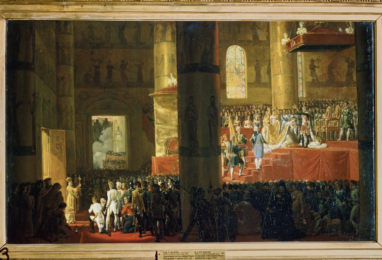 A coroação da Imperatriz Maria Feodorovna em 5 de abril de 1797. (A coroação da Imperatriz Maria Feodorovna em 5 de abril de 1797). Pintura de Horace Vernet (1789-1863). Óleo sobre tela, 60 x 95 cm. Arte francesa do século XIX. Museu Estatal Russo, Sa de Emile Jean Horace Vernet